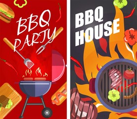 BBQ party house, grilling meat and steaks banner