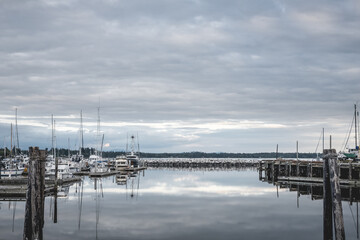 Clouds reflecting on the water at Blaine Harbor in Blaine, Washington