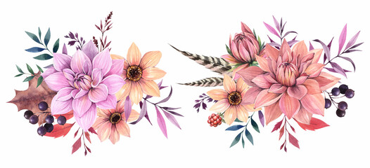 Pink and yellow flower isolated. A bouquet of autumn flowers on a white background. Watercolor illustration.