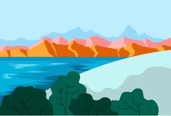 Fototapeta na wymiar Landscape with mountains and lake or pond vector