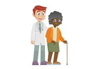 Male doctor helping a grandmother with a cane.