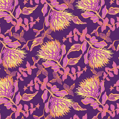 Protea flowers, seamless pattern. Trendy, exotic background. Vector illustration. Suitable for the design of fabric, linen, shawls, packaging, wrapping paper, wallpaper pattern for luxury brands