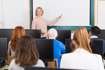 Mature business woman presenting business project to partners in boardroom