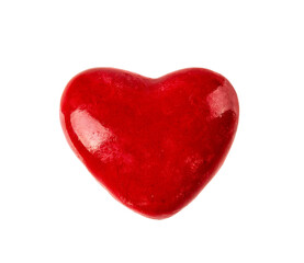 Red clay valentine heart isolated on white background. Love, togetherness and Valentine day design element for holiday, greeting card, postcard and banner. Сonvex item. Macro.
