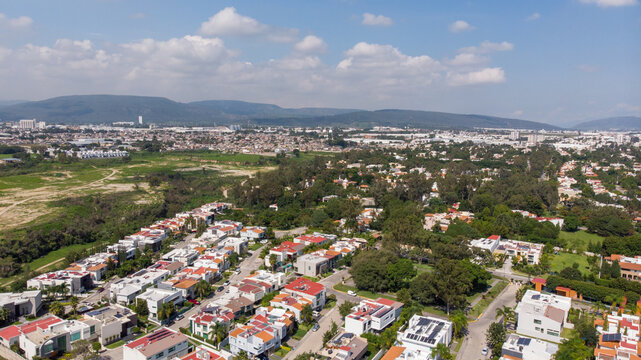 Zapopan, Jalisco, Mexico. August 1st, 2021. Drone aerial view of the luxurious Zona Real zone in the amazing city of Guadalajara.