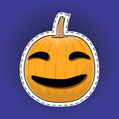 Carved scary pumpkin, Jack-o-Lantern on a purple violet pop art halftone background, Halloween holiday, black dots in the form of a circle, pins or patches, retro style, vector illustration