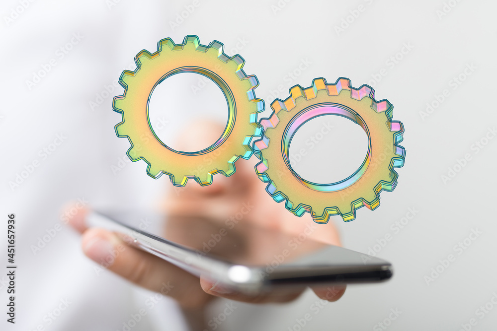 Aufkleber Cogs and gear wheel mechanisms. Hi-tech digital technology and engineering. Abstract technical background..