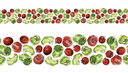 Seamless border of ripe red tomatoes and green bell peppers. Watercolour illustration. For cookbook, menu, kitchen textile, packaging and stationery design.