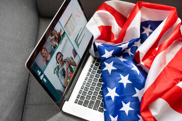 Independence Day celebration after quarantine. laptop screen and celebrating US national holiday...