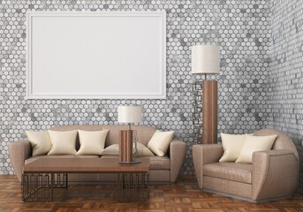 3D Mockup photo frame in Modern interior of living room