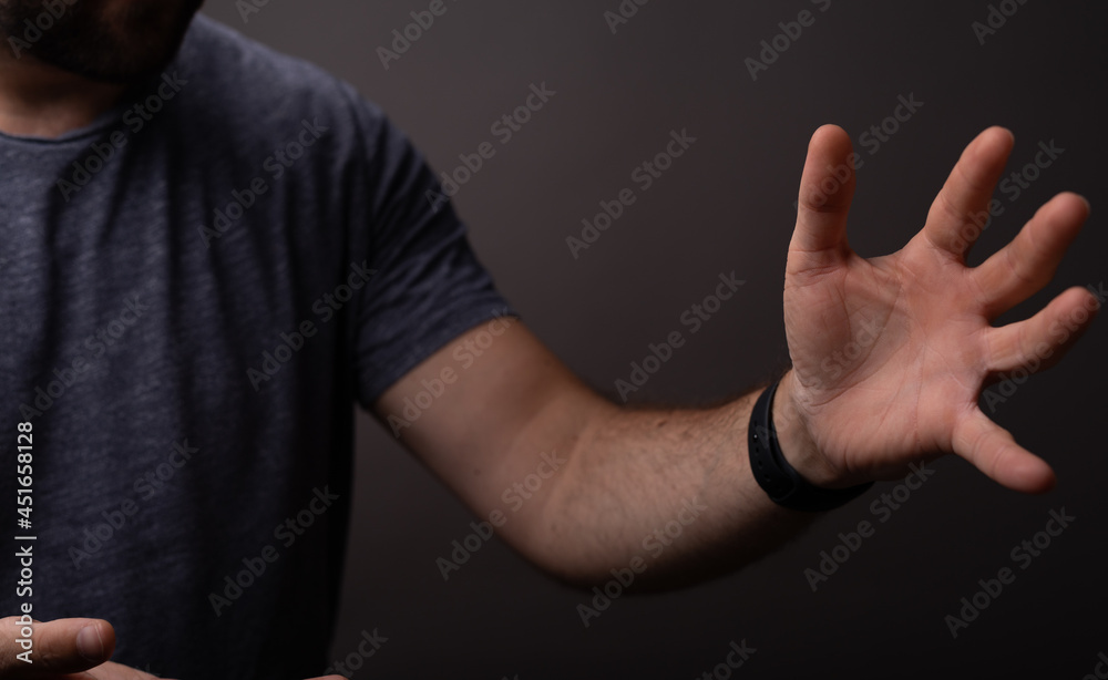 Poster man showing his empty hand.