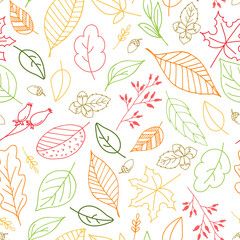 Obraz premium Seamless pattern of autumn leaves on a white background. Suitable for wallpaper, gift paper, drawing fill, web page background, autumn greeting cards.Vector illustration