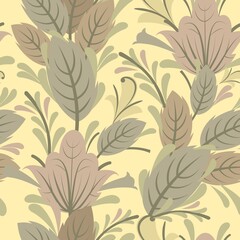 Floral ornament. Seamless pattern. Beautiful interlacing of branches and flowers. Illustration in a simple flat symbolic style. Funny. Rural. Vector