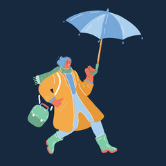 Vector illustration of woman walks holding umbrella