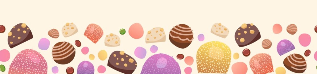 Sweets with hazelnuts. Nuts. Assorted dessert chocolate and marmalade. Candy caramel, jelly. Bottom seamless border. Flat Background illustration. Vector