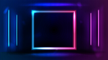 Pink and blue gradient neon blank square frame with line neon lamp in dark room on wall