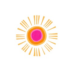 Whimsical sun motif riso print design background. Colorful cute screen print effect. Playful summer sunny  beach seamless pattern illustration. High resolution travel icon isolated on white.
