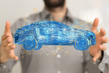 Electric car icon from lines, triangles and particle style