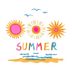 
Whimsical sun motif riso print design background. Colorful cute screen print effect. Playful summer sunny  beach seamless pattern illustration. High resolution travel icon isolated on white.
