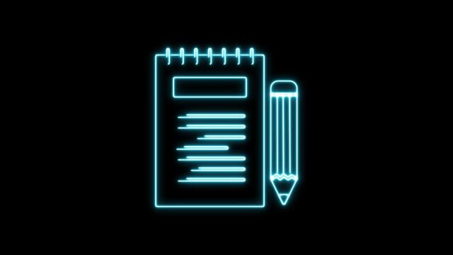 Neon Glowing Blank Notebook With Pen Writing Icon Business Sign Line Vector Animation Isolated Background