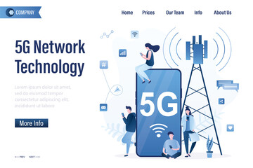 5G Network technology, landing page template. Users catch 5G internet connection. Communication tower. Young adults with smartphones using wireless internet. - obrazy, fototapety, plakaty