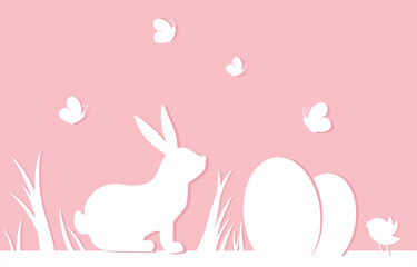 Easter pink Background. Backdrop for websites and posters. Bunny in wildlife. Greeting card with animal and easter egg. Paper cut cartoon flat vector illustration isolated on pink background