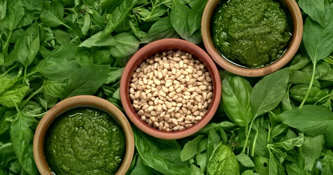 Basil Pesto Dip With Ingredients: Pine Nuts And Basil Herb Leaves. Rotating Bowls Top View.