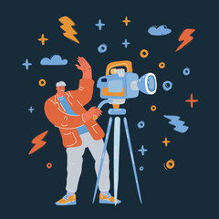 Naklejka premium Vector illustration of man use videocamera over dark backround.