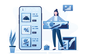 Female artist sells her artwork online. Smartphone with store app. Artistic paintings on mobile phone screen. Profit from art studio.