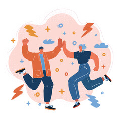 Vector illustration of Young Man and Woman Jumping and Giving High Five. Good job concept. Team celebration winning.