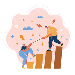 Vector illustration of man pulling up stairs woman helping to overcome a difficulty. Team work concept.