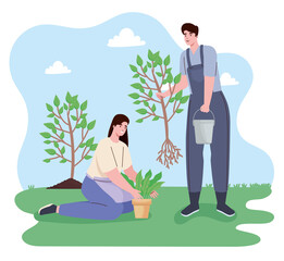 Obraz na płótnie Canvas couple planting characters