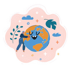 Fototapeta premium Vector illustration of Young Woman Embracing a smiling earth globe