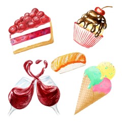Set of  food illustrations: cupcake, piece of cake, 2 glasses of wine, sushi and ice crea, cone