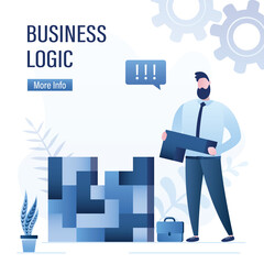 Business logic, concept banner. Entrepreneur collects a complex puzzle from different cubes. New project management. Confident manager successfully solves business problems.