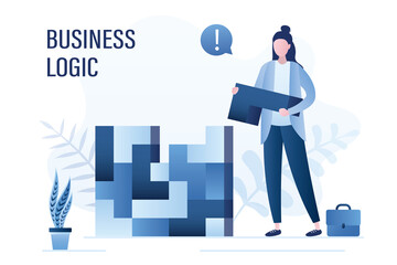 Business logic, concept banner. Entrepreneur collects a complex puzzle from different cubes. New project management. Confident female manager successfully solves business problems.