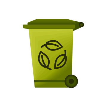 Recycle bin for trash and garbage. Garbage can with waste recycling symbol. Rubbish container. Green color icon of dumpster isolated on white background