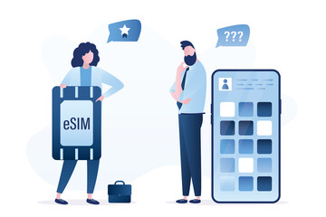 Woman manager offers to use eSIM. Male user thinking about new technology, modern smartphone near. Cell phone with apps on screen. Digital mobile technology.