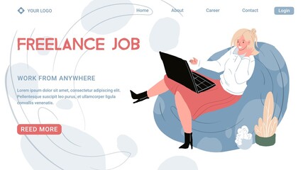Fototapeta na wymiar Vector cartoon flat happy freelancer character works at home office apartment interior workspace.Young girl sits in cozy atmosphere working on laptop-landing page design,online freelance work concept