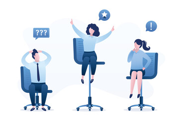 Gender gap, inequality in work. Colleagues with pay gap. Advantage for woman over man on career ladder. Businesswoman sitting on high office chair.