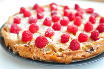 homemade raspberry-apple pie with powdered sugar. charlotte on white background