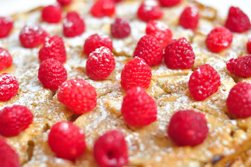 homemade raspberry-apple pie with powdered sugar. charlotte on white background