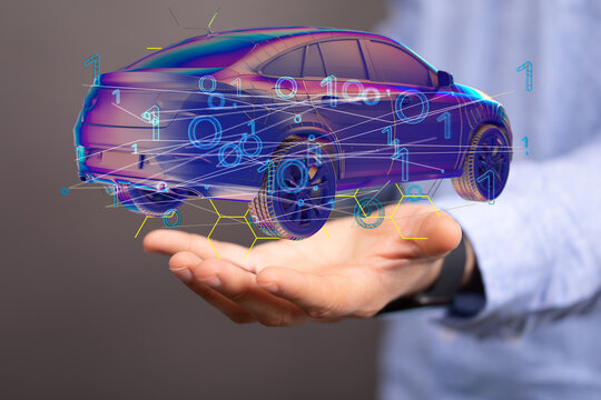 Autonomous car with HUD graphic of Navigation system driving