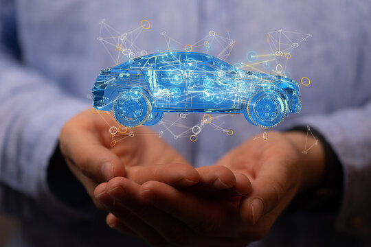 Autonomous car with HUD graphic of Navigation system driving