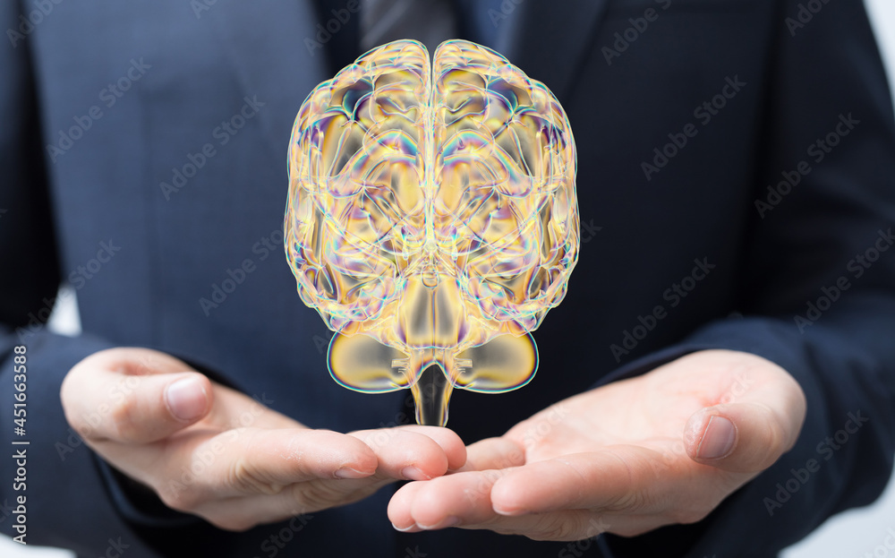Poster Brain. Digital brain. 3D Science and Technology concept. Neural network. IQ testing, artificial