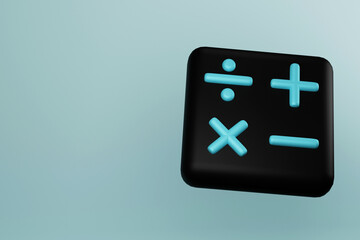 Black calculator icon with math signs. 3d render