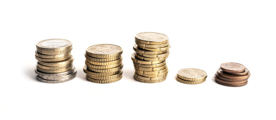 Group of Euro coins isolated on white background. European union economy Money background