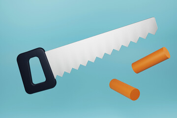 hand held gear saw with black handle and wood. 3d render