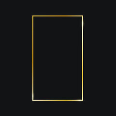 Golden vertical rectangle frame isolated on black background. Gold shiny frame. Luxury realistic rectangle border. Decorative element for branding, card, invitation, banner. Vector illustration