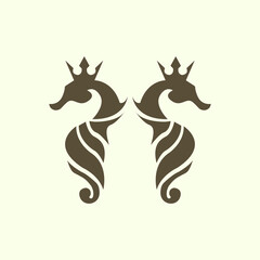King Sea Horse Logo, Beautyful Tribal Tattoo, Crown And Two Seahorses Icon Illustration, Isolated On White Background, Design Icon Vector Illustration